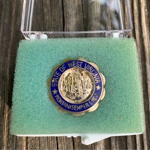 Vintage blue and gold West Virginia state seal tie tack